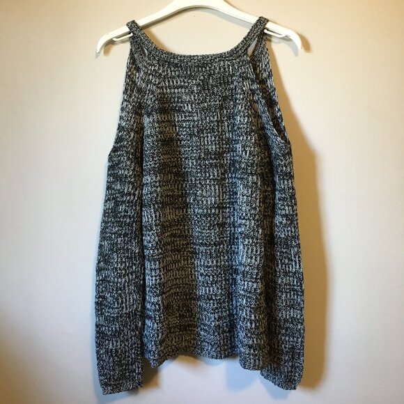 Marled Salt And Pepper Cold Shoulder Knit Sweater - Picture 2 of 14